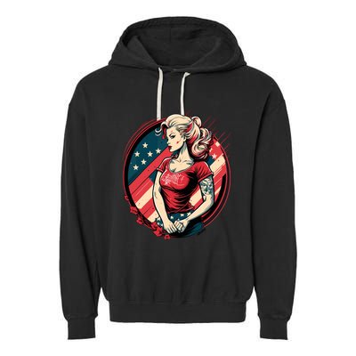 Vintage Tattoo Pinup Flag Rebellious Playful American Garment-Dyed Fleece Hoodie