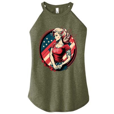 Vintage Tattoo Pinup Flag Rebellious Playful American Women’s Perfect Tri Rocker Tank