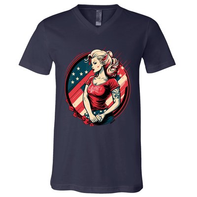 Vintage Tattoo Pinup Flag Rebellious Playful American V-Neck T-Shirt