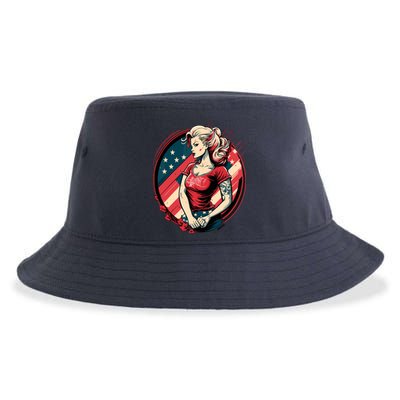 Vintage Tattoo Pinup Flag Rebellious Playful American Sustainable Bucket Hat