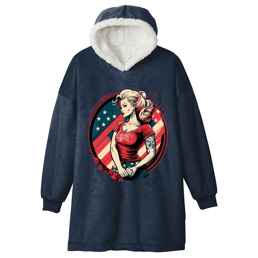 Vintage Tattoo Pinup Flag Rebellious Playful American Hooded Wearable Blanket