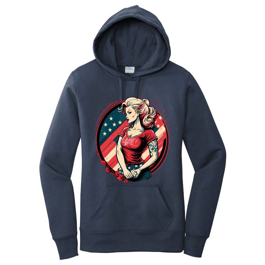 Vintage Tattoo Pinup Flag Rebellious Playful American Women's Pullover Hoodie