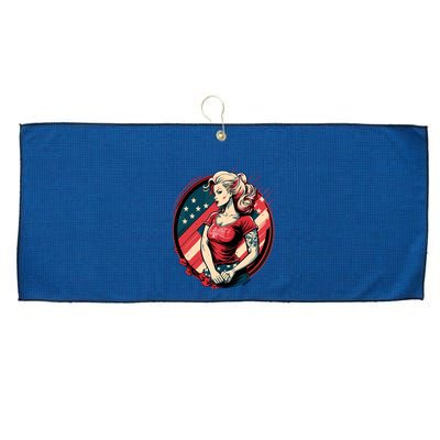 Vintage Tattoo Pinup Flag Rebellious Playful American Large Microfiber Waffle Golf Towel