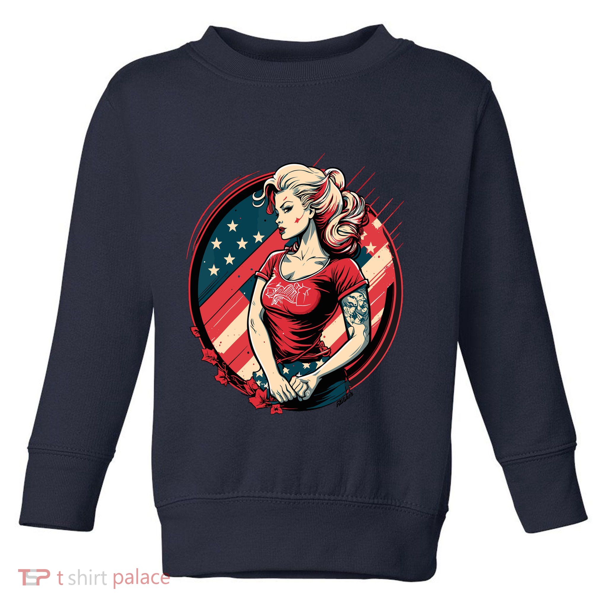 Vintage Tattoo Pinup Flag Rebellious Playful American Toddler Sweatshirt