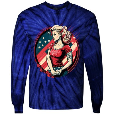 Vintage Tattoo Pinup Flag Rebellious Playful American Tie-Dye Long Sleeve Shirt
