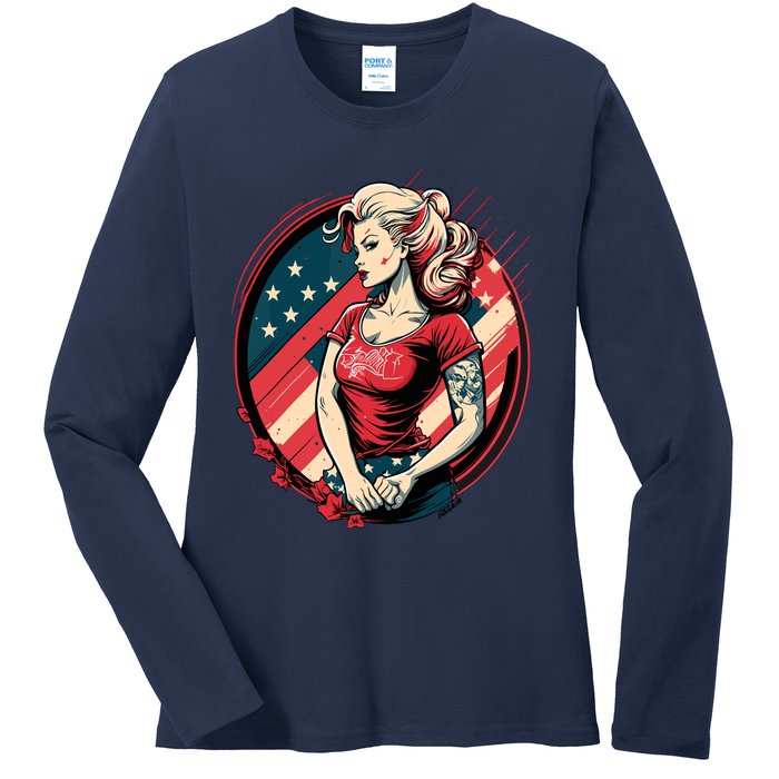 Vintage Tattoo Pinup Flag Rebellious Playful American Ladies Long Sleeve Shirt