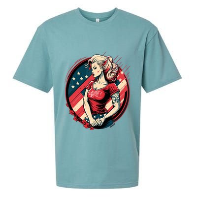 Vintage Tattoo Pinup Flag Rebellious Playful American Sueded Cloud Jersey T-Shirt