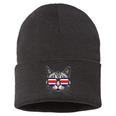 Vacation Tropical Pura Vida Cat Sunglasses Costa Rica Flag .Png Sustainable Knit Beanie