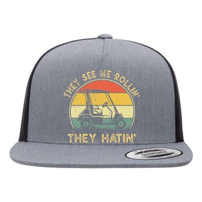 Vintage They See Me Rollin They Hatin Funny Golf Cart Meme Flat Bill Trucker Hat