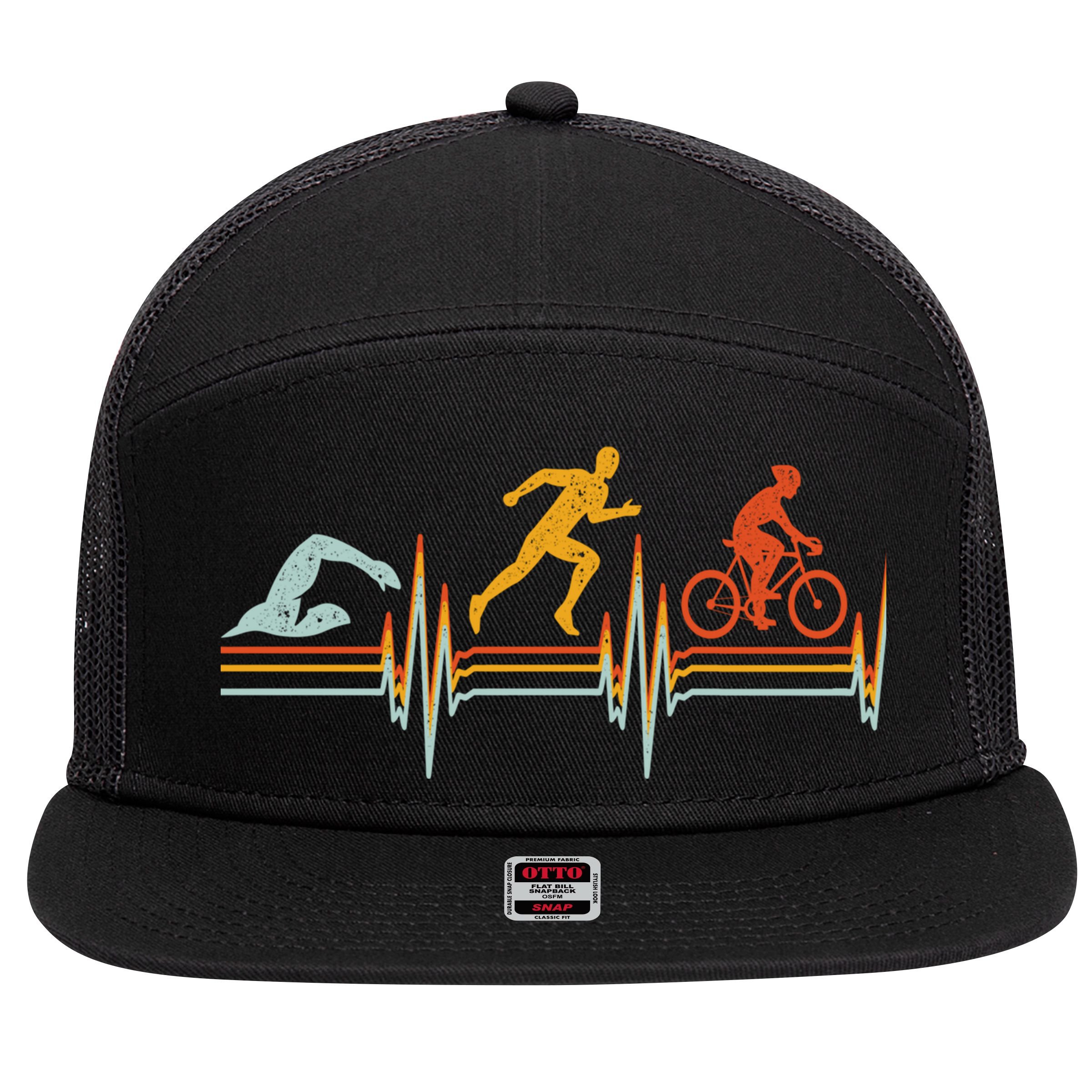 Vintage Triathlon Swim Bike Run Triathlete Heartbeat Cute Gift 7 Panel Mesh Trucker Snapback Hat