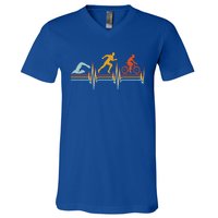 Vintage Triathlon Swim Bike Run Triathlete Heartbeat Cute Gift V-Neck T-Shirt