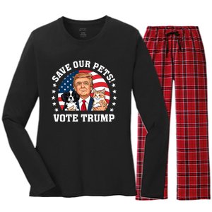 Vote Trump Save Our Pets Cats Dogs 2024 Make Pets Safe Again Women's Long Sleeve Flannel Pajama Set 