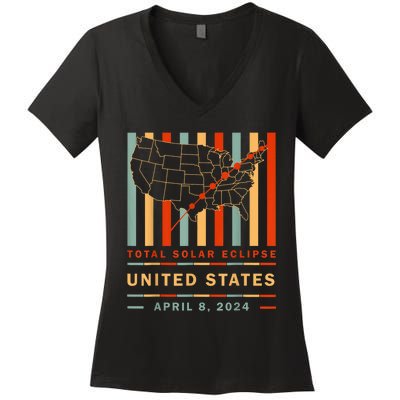 Vintage Total Solar Eclipse 2024 United States Women's V-Neck T-Shirt