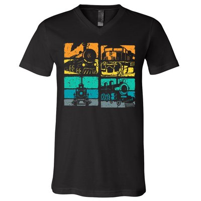 Vintage Trains Steam Locomotive Railroad V-Neck T-Shirt