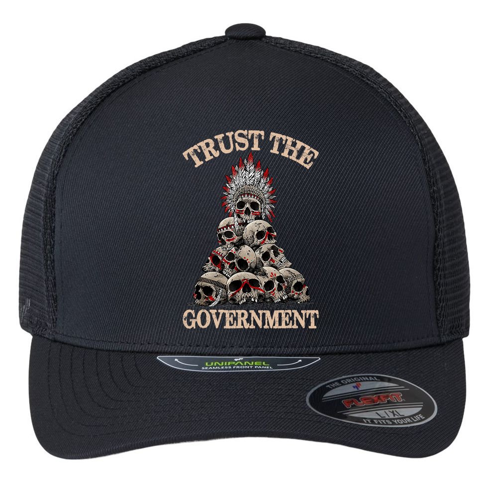 Vintage Trust The Government Skull Native American Flexfit Unipanel Trucker Cap