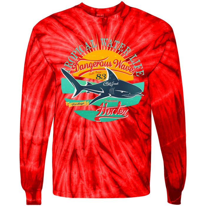 Vintage Tropical Water Life Dangerous Wave Hunter Shark Tie-Dye Long Sleeve Shirt