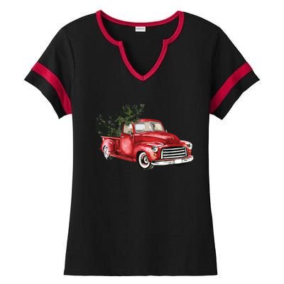 Vintage Truck Wagon Christmas Tree Xmas For Farmer Ladies Halftime Notch Neck Tee