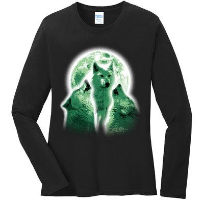 Vintage Three Wolves Moon Design Ladies Long Sleeve Shirt