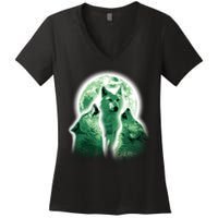 Vintage Three Wolves Moon Design Women's V-Neck T-Shirt