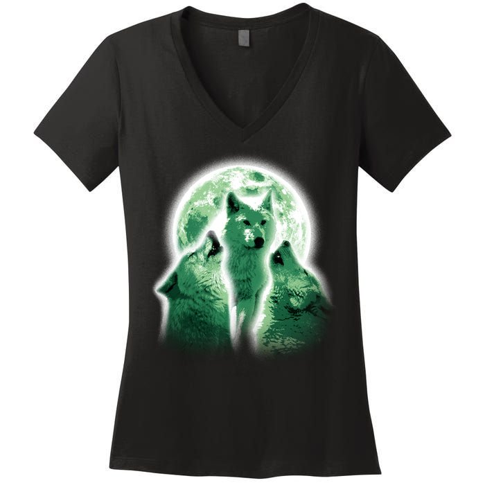 Vintage Three Wolves Moon Design Women's V-Neck T-Shirt