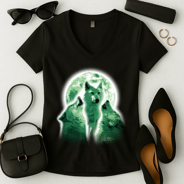Vintage Three Wolves Moon Design Women's V-Neck T-Shirt