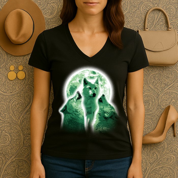 Vintage Three Wolves Moon Design Women's V-Neck T-Shirt
