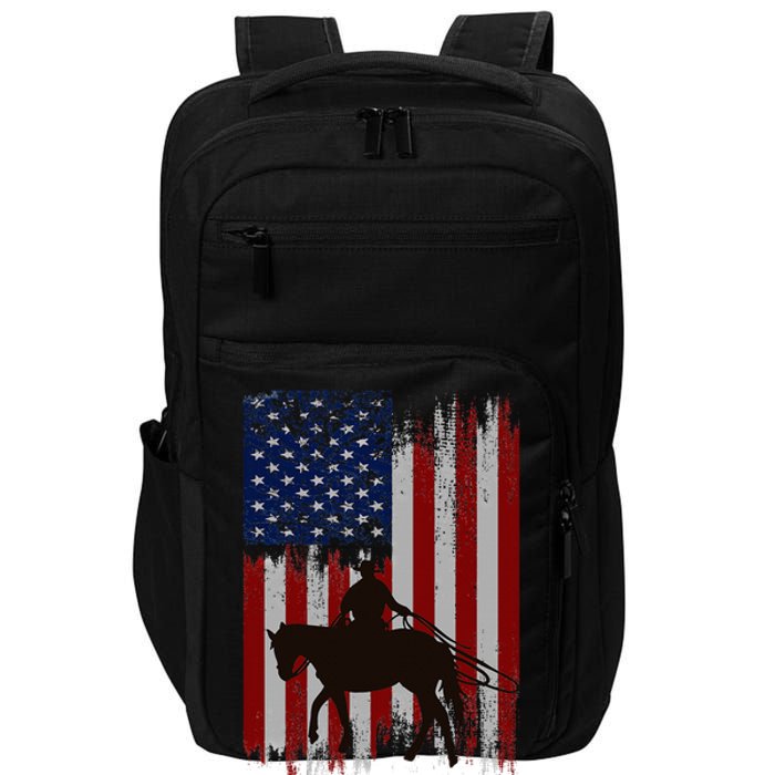 Vintage Usa American Flag Cowboy Rodeo Roping Horse Riding Impact Tech Backpack