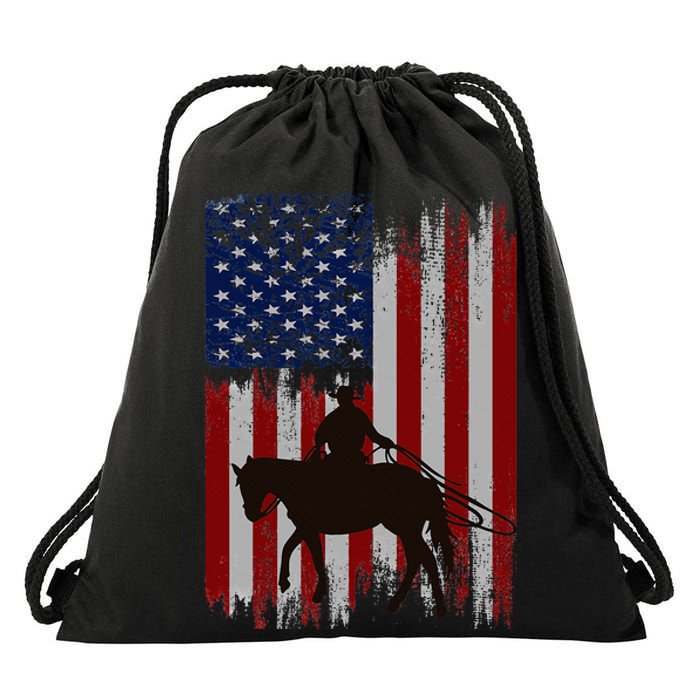 Vintage Usa American Flag Cowboy Rodeo Roping Horse Riding Drawstring Bag