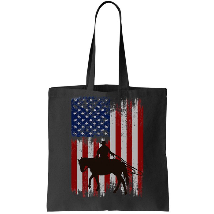 Vintage Usa American Flag Cowboy Rodeo Roping Horse Riding Tote Bag