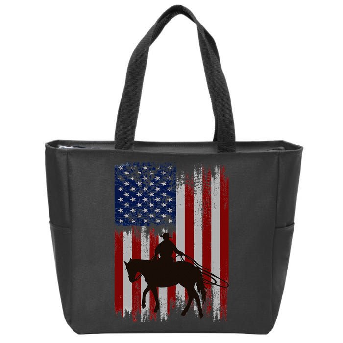 Vintage Usa American Flag Cowboy Rodeo Roping Horse Riding Zip Tote Bag