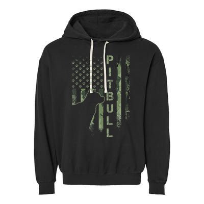 Vintage USA American Camo Flag Pitbull Dog Silhouette Pittie Garment-Dyed Fleece Hoodie
