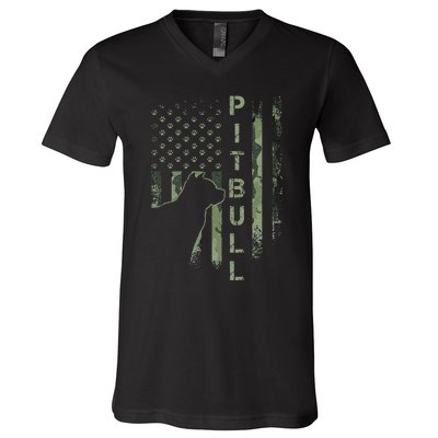 Vintage USA American Camo Flag Pitbull Dog Silhouette Pittie V-Neck T-Shirt