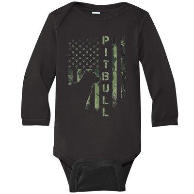 Vintage USA American Camo Flag Pitbull Dog Silhouette Pittie Baby Long Sleeve Bodysuit