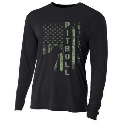 Vintage USA American Camo Flag Pitbull Dog Silhouette Pittie Cooling Performance Long Sleeve Crew