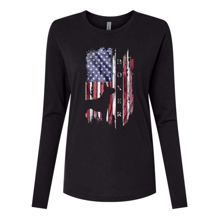 Vintage USA American Flag Boxer Dog Lover Silhouette Womens Cotton Relaxed Long Sleeve T-Shirt