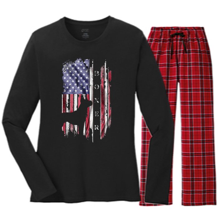 Vintage USA American Flag Boxer Dog Lover Silhouette Women's Long Sleeve Flannel Pajama Set 