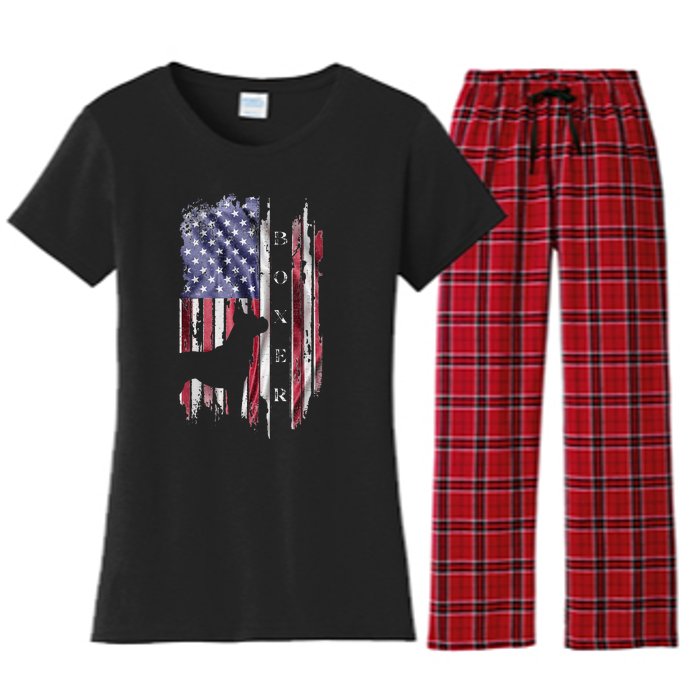 Vintage USA American Flag Boxer Dog Lover Silhouette Women's Flannel Pajama Set