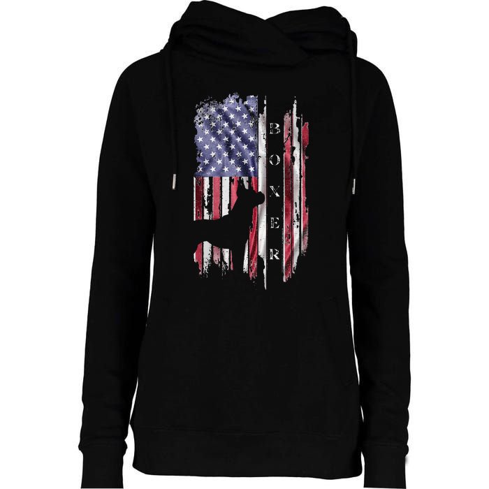 Vintage USA American Flag Boxer Dog Lover Silhouette Womens Funnel Neck Pullover Hood