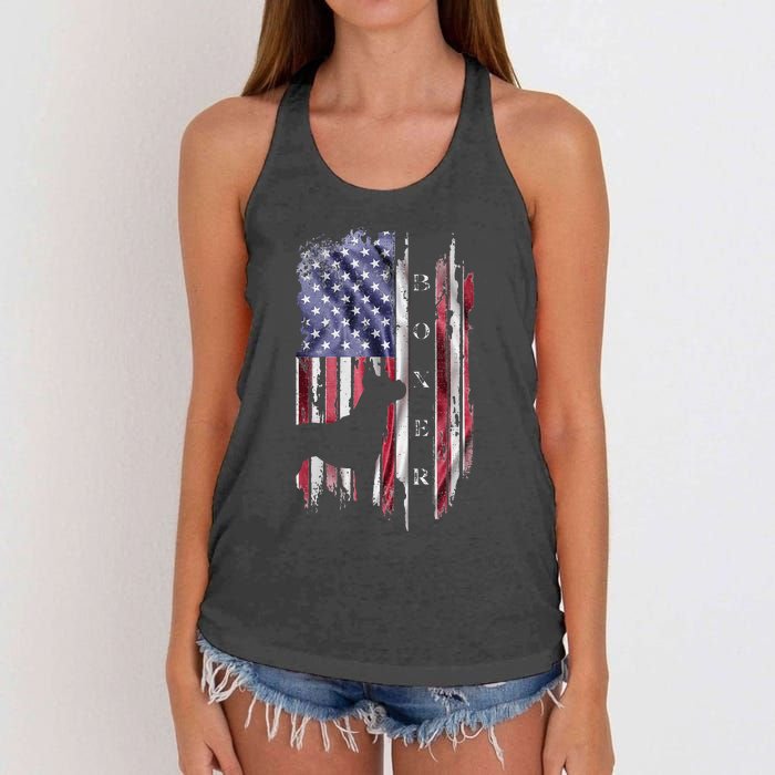 Vintage USA American Flag Boxer Dog Lover Silhouette Women's Knotted Racerback Tank