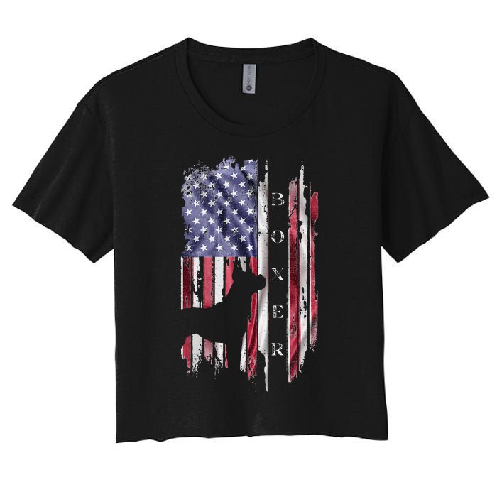 Vintage USA American Flag Boxer Dog Lover Silhouette Women's Crop Top Tee