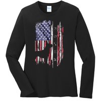 Vintage USA American Flag Boxer Dog Lover Silhouette Ladies Long Sleeve Shirt