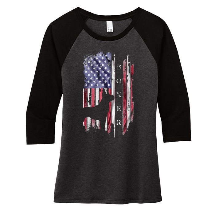 Vintage USA American Flag Boxer Dog Lover Silhouette Women's Tri-Blend 3/4-Sleeve Raglan Shirt