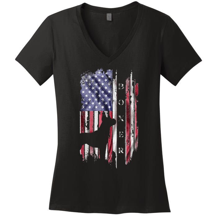 Vintage USA American Flag Boxer Dog Lover Silhouette Women's V-Neck T-Shirt