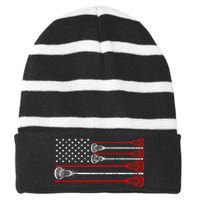 Vintage Usa American Flag Lacrosse Player Lover Patriotic Striped Beanie with Solid Band