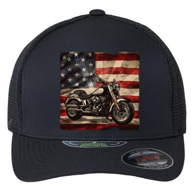 Vintage USA American Flag Motorcycle Biker Flexfit Unipanel Trucker Cap