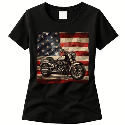 Vintage USA American Flag Motorcycle Biker Womens T-Shirt