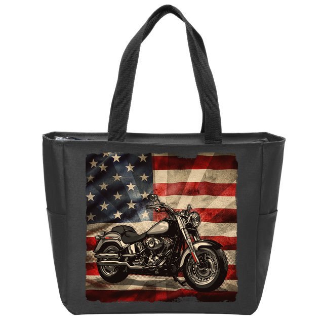Vintage USA American Flag Motorcycle Biker Zip Tote Bag