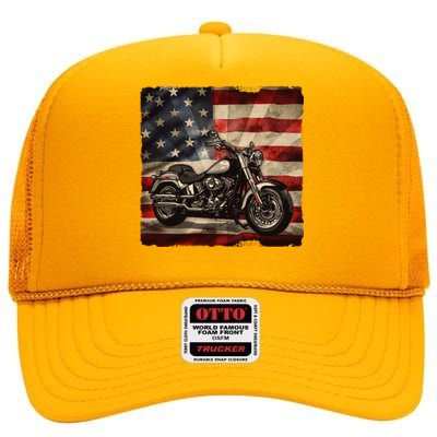 Vintage USA American Flag Motorcycle Biker High Crown Mesh Back Trucker Hat