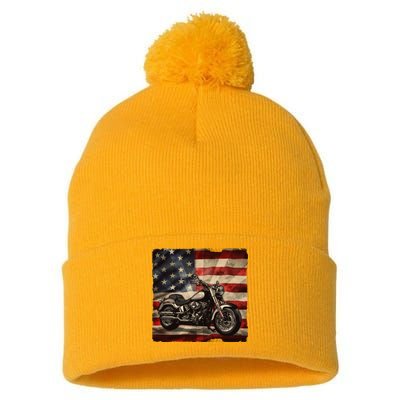 Vintage USA American Flag Motorcycle Biker Pom Pom 12in Knit Beanie