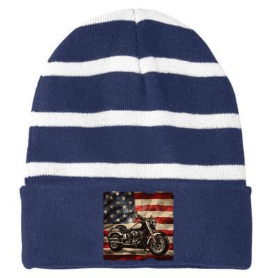 Vintage USA American Flag Motorcycle Biker Striped Beanie with Solid Band